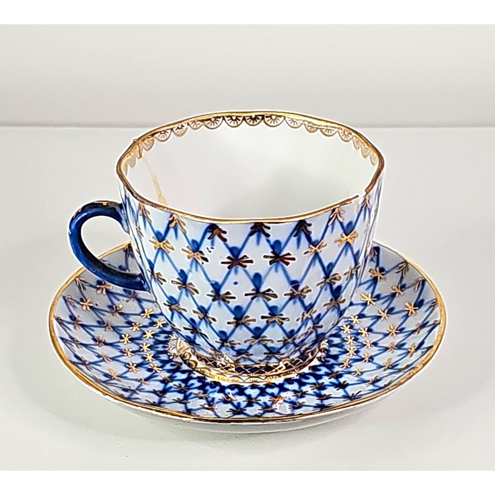 Lomonosov/Imperial Colbalt Net Tulip Coffee Cup & Saucer Set, 2-Piece -Chipped